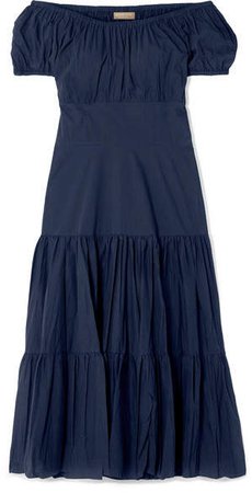Off-the-shoulder Tiered Crinkled Cotton-poplin Dress - Navy