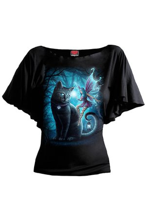 Cat & Fairy Bat Sleeve Gothic Top by Spiral Direct | Ladies
