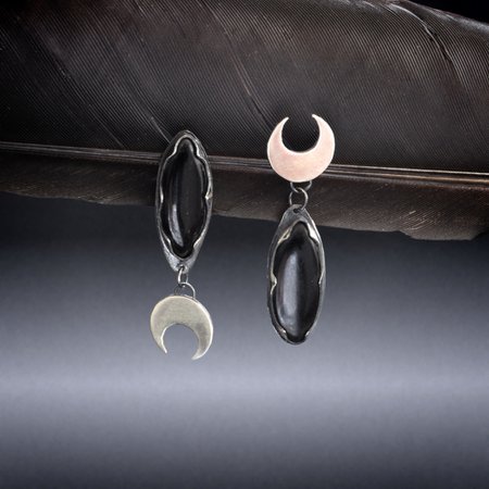 Asymmetric crescent moon earrings with Whitby jet | Lunaria jewellery