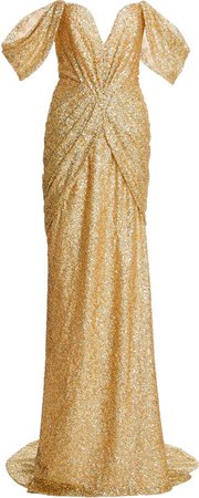 Pamella Roland Draped Sequined Strapless Gown