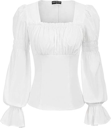 Womens Renaissance Ruffled Long Sleeve Shirt Victorian Vintage Square Neck Tops White M at Amazon Women’s Clothing store