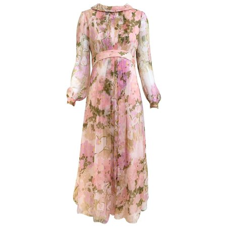 1970s Pink Floral Print Silk Chiffon Long Sleeve Maxi Dress For Sale at 1stDibs | chiffon long dress, long sleeve chiffon maxi dress, long sleeve floral maxi dress