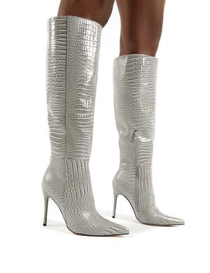 Aimi Grey Croc Knee High Stiletto Heel Boots | Public Desire – Public Desire UK