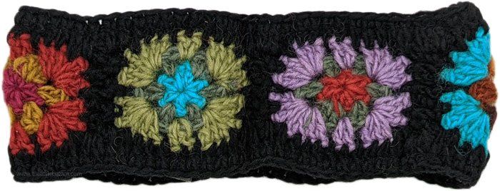Fancy Flower Blast Woolen Hippie Headband in Black | Accessories | Black | Vacation, Floral, Bohemian, Handmade, Gift, Crochet-Clothing