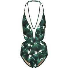 Adriana Degreas Bonsai Green Ginkgo Swimsuit ❤ liked on Polyvore featuring swimwear, one-piece swimsuits, swimsuits, swim, bathing suits, bikini, mesh one-piece swimsuits, green one piece swimsuit, halter bikini and palm leaf swimsuit