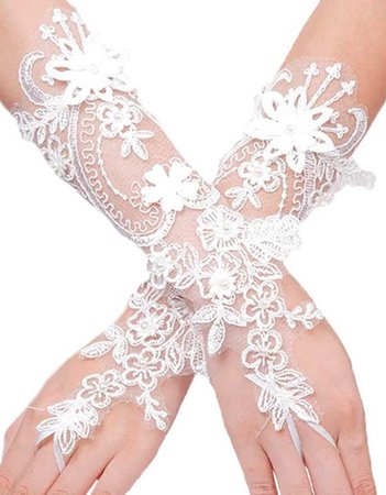 white lace pearl gloves