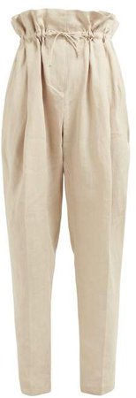 Paperbag Waist Linen Trousers - Womens - Beige