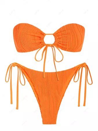 ZAFUL Textured Cinched Bandeau Tie Side Bikini Swimwear In ORANGE | ZAFUL 2024