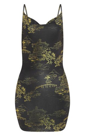 Black Oriental Cowl Neck Bodycon Dress | PrettyLittleThing