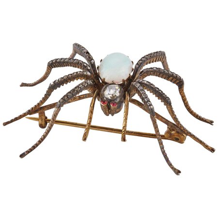 Spider-Shaped Opal Ruby and Diamond Brooch in Gold and Silver For Sale at 1stDibs