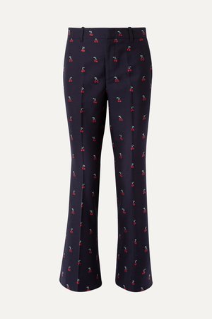 Navy Embroidered cotton and wool-blend twill flared pants | Gucci | NET-A-PORTER