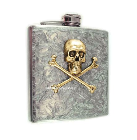 *clipped by @luci-her* Antique Gold Skull and Crossbones Flask In Silver Swirl | RebelsMarket