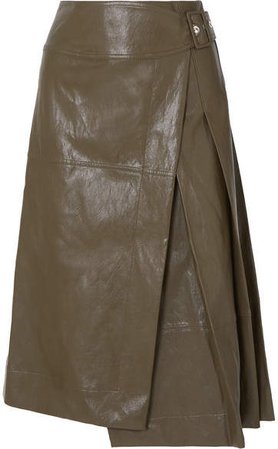 Glossed Faux Leather Wrap Midi Skirt - Army green