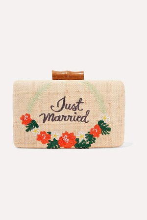 Just Married Embroidered Woven Straw Clutch - Sand
