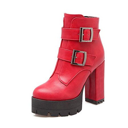 Amazon.com | BalaMasa Womens Chunky Heels Platform Buckle Red Imitated Leather Boots - 4.5 B(M) US | Ankle & Bootie
