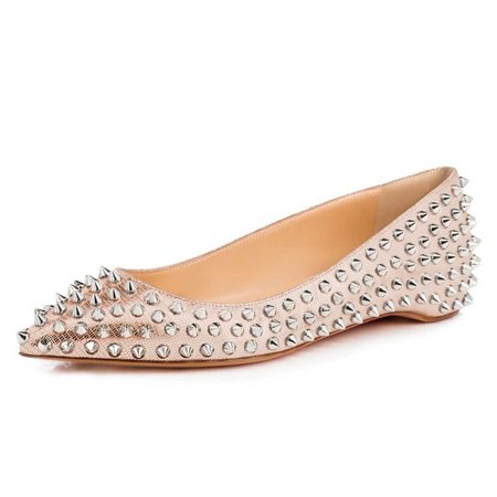 Rose Gold Pointy Toe Flats Python Comfortable Shoes with Rivets for School, Date, Big day, Anniversary, Going out, Hanging out, Honeymoon | FSJ