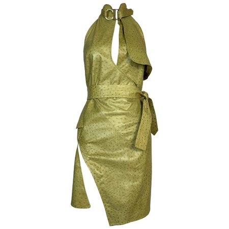 F/W 2000 Christian Dior John Galliano Runway Green High Slit Leather Mini Dress For Sale at 1stDibs