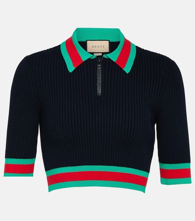 Ribbed Knit Cropped Polo Shirt in Blue - Gucci | Mytheresa