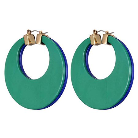 Blue Green Acrylic Hoop Earrings, Two Tone Statement Huggie Hinged 2" Hoop Earrings Bohemia Jewelry