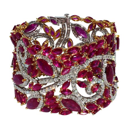 Mozambique Marquise Ruby and Round Diamond 18 Karat 2-Tone Bracelet For Sale at 1stDibs