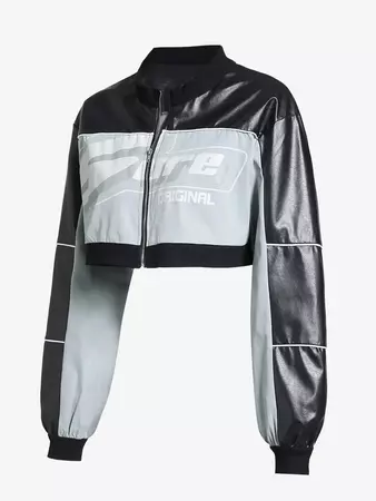 Women's Streetwear Letter Colorblock Zip Up PU Leather Crop Biker Motorcycle Racer Racing Jacket In BLACK | ZAFUL 2024
