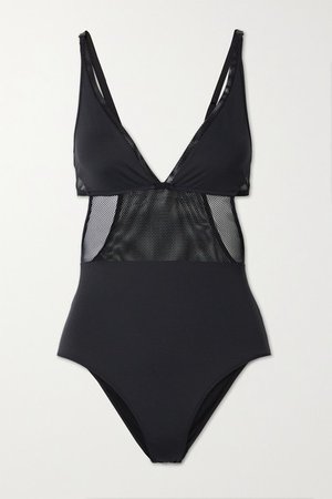 Cutout Mesh-trimmed Swimsuit - Black