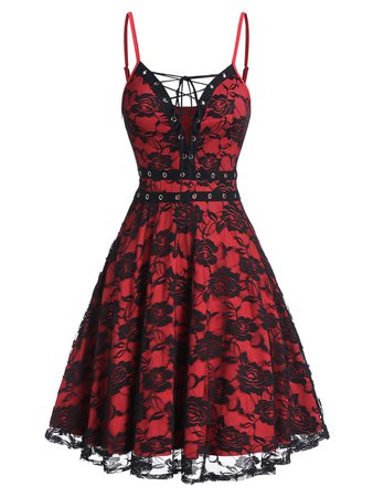 [42% OFF] Lace Up Grommet Cami Lace Dress | Rosegal