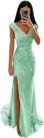 PAVERJER Sparkly Sequin Prom Dresses 2024 V-Neck Long Ball Gown with Slit Formal Evening Dress for Teens at Amazon Women’s Clothing store