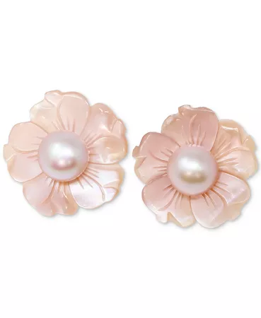 Macy's Pink Freshwater Pearl (8mm) & Mother-of-Pearl Flower Stud Earrings in 14k Gold