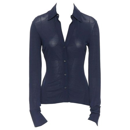 DONNA KARAN navy blue slim-cut classic peak spread collar button-up shirt P XS For Sale at 1stDibs
