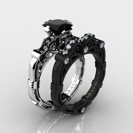 Art Masters Caravaggio 14K Black and White Gold 1.25 Ct Princess Black and White Diamond Engagement Ring Wedding Band Set R623PS-14KWBGDBD | Caravaggio Jewelry
