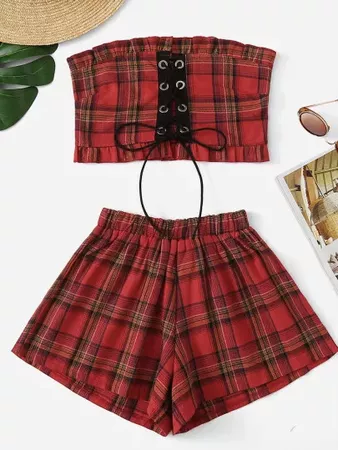 Frill Trim Plaid Tube Top With Shorts