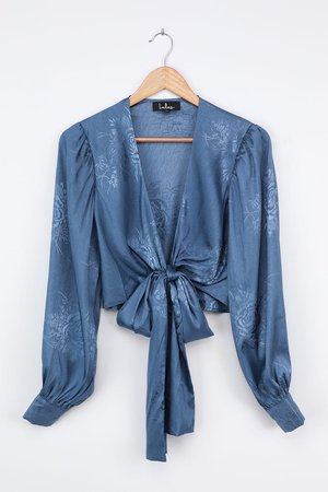 Blue Satin Cropped Top - Tie-Front Top - Satin Jacquard Top