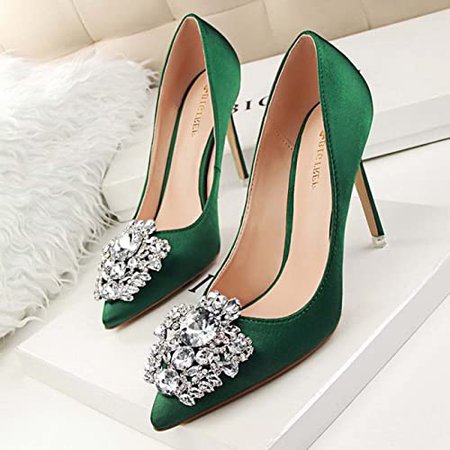 Amazon.com | JOEupin Women's Pumps High Heel Pointed Toe Rhinestone Brooch Satin Backless Stiletto Slip On Wedding Shoes | Shoes