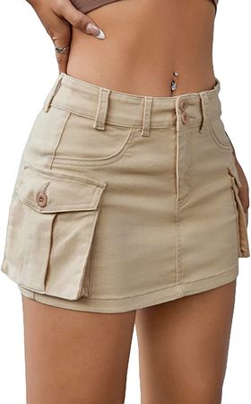 Amazon.com: WDIRARA Women's Low Waist Button Bodycon Mini Cargo Denim Skirt with Pocket Khaki S : Clothing, Shoes & Jewelry