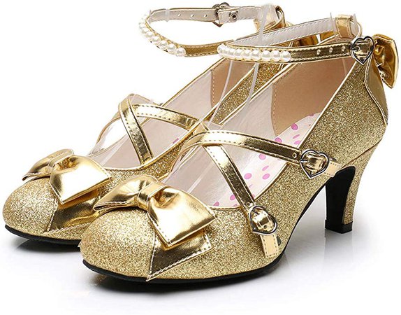 Amazon.com | Women's Shiny Silver/Gold Sequin Pumps Criss-Cross Pearl Ankle Strap Princess Lolita Shoes | Pumps