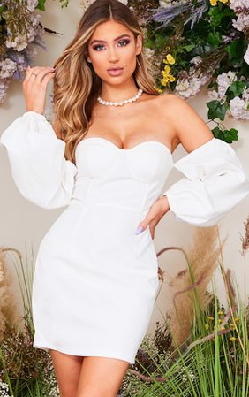 White Bardot Balloon Sleeve Bodycon Dress | PrettyLittleThing