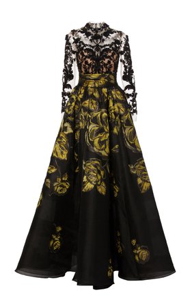Floral-Embroidered Silk-Jacquard and Lace Gown by Marchesa | Moda Operandi