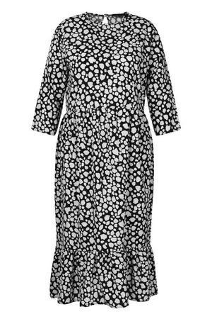 Plus Smudge Print Ruffle Hem Midi Dress | Boohoo black white