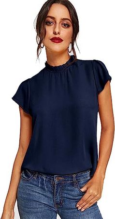 Romwe Women's Elegant Short Sleeve Mock Neck Workwear Blouse Top Shirts at Amazon Women’s Clothing store