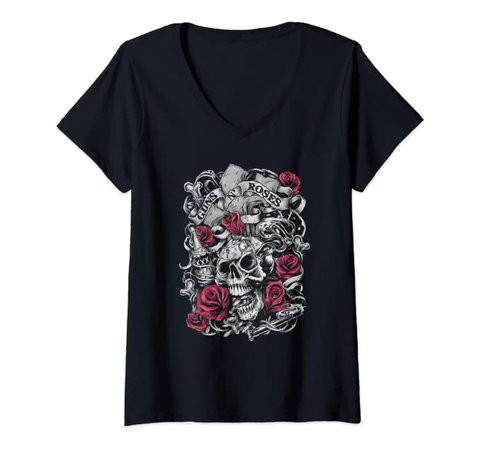 Amazon.com: Womens Guns N' Roses Official Flourish Skull Pink Roses V-Neck T-Shirt: Clothing