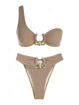 ZAFUL Women's Tied Back Textured Design Metal Ring Decor One Shoulder Cheeky Bikini Set Two Piece Swimwear In LIGHT COFFEE | ZAFUL 2024