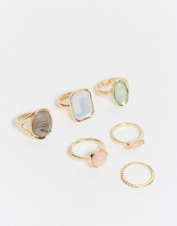 ASOS DESIGN pack of 6 rings with multi colored stones in gold tone | ASOS