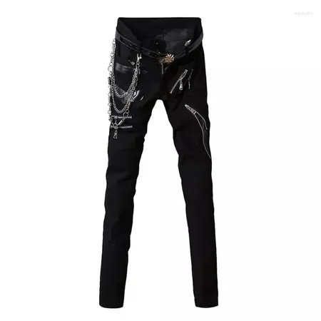 ERENEJIAN Mens Skinny Punk Style Hip Hop Pants With Zippers And Chains Stretchy Black Slim Fit Trousers Bottoms For Male From Bakacutie, $177.01 | DHgate.Com