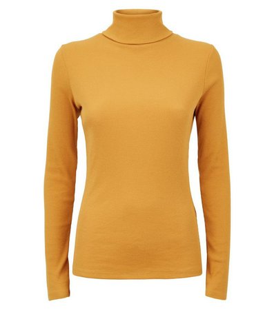 Mustard Ribbed Long Sleeve Roll Neck Top | New Look