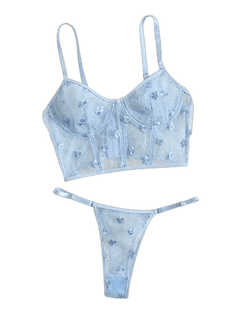Floral Embroidered Mesh Underwire Lingerie Set Baby Blue