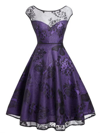 Purple 1950s Lace Mesh Floral Dress - Retro Stage - Chic Vintage Dresses and Accessories