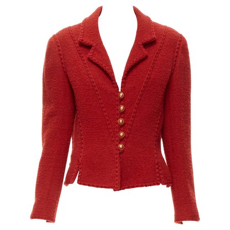CHANEL Vintage 93A red boucle tweed boned corset structured braided CC jacket For Sale at 1stDibs