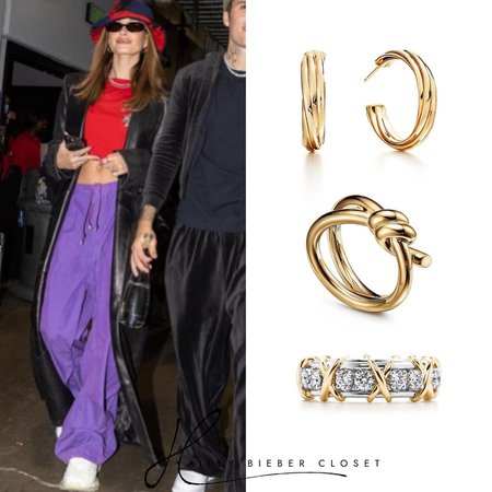 Hailey Bieber Closet • TiffanyAndCo Paloma’s Melody Hoops ($2,200), Tiffany’s Knot Double Row Ring ($2,100) & Tiffany’s Sixteen Stone Ring ($11,200)
