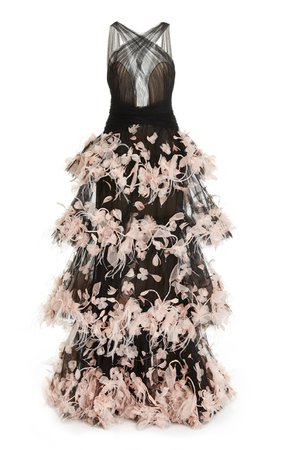 Tiered Feather-Trimmed Tulle Gown By Marchesa | Moda Operandi